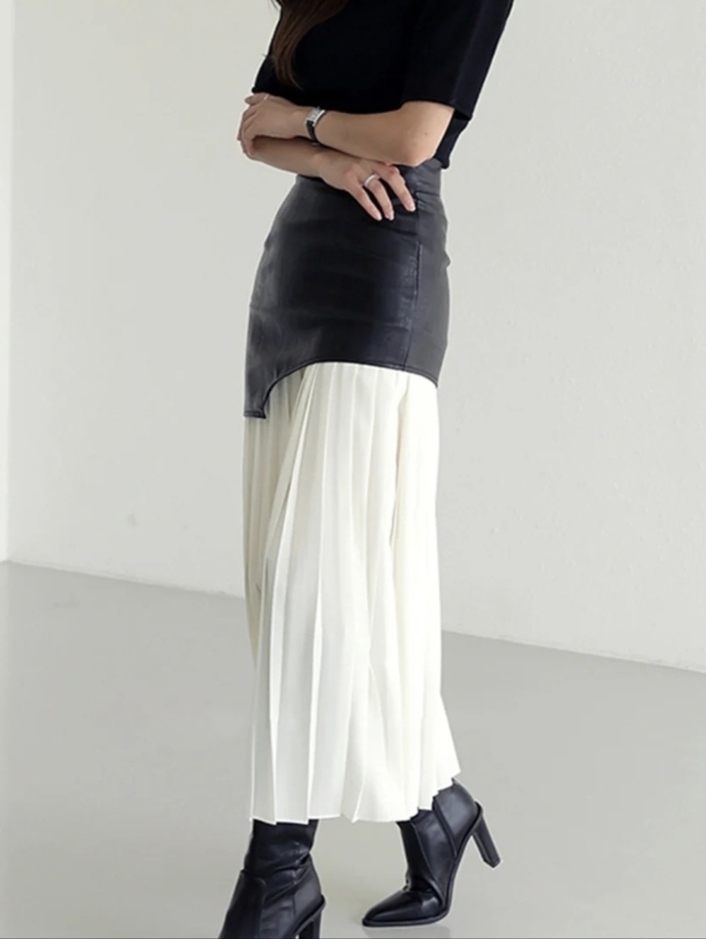 NWT Commense Asymmetric Patchwork Faux Leather Chiffon Pleated Maxi Skirt - Picture 2 of 5